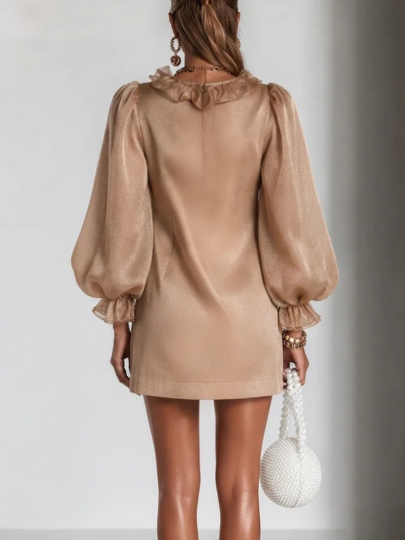 Mini Dress Ruffled Puff Sleeves Subtle Shimmer