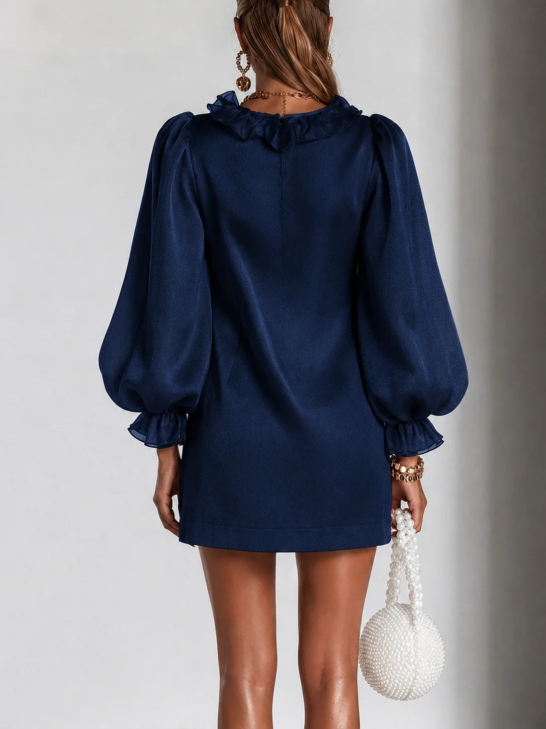 Mini Dress Ruffled Puff Sleeves Subtle Shimmer