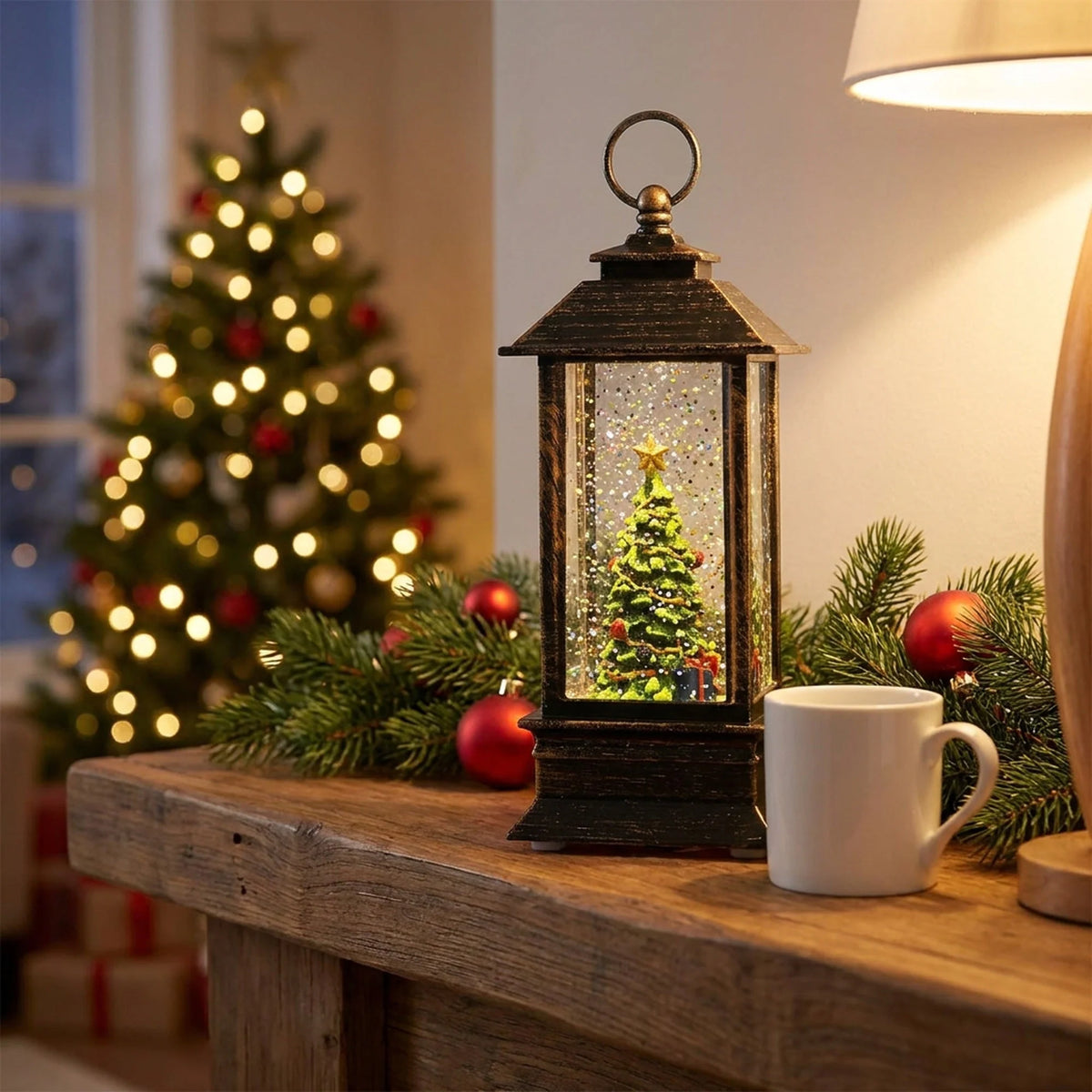 Mini Snow Globe Lantern Swirling Glitter & Warm LED