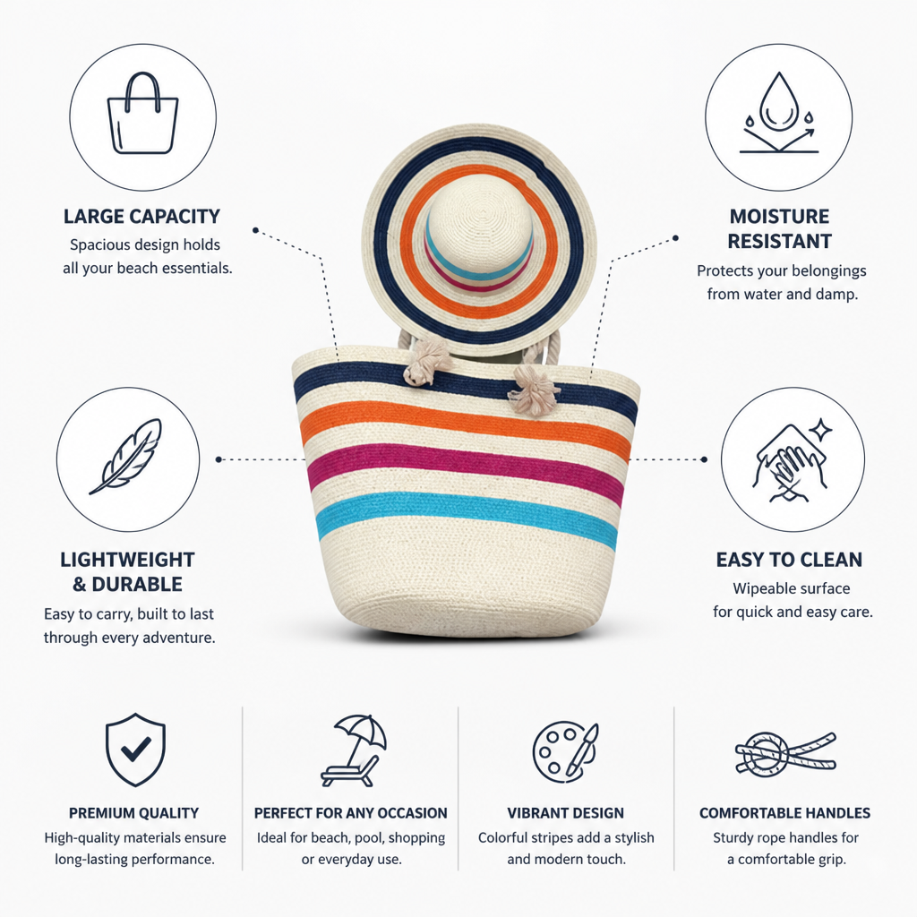 Moisture-Resistant & Lightweight Colorful Striped Beach Bag