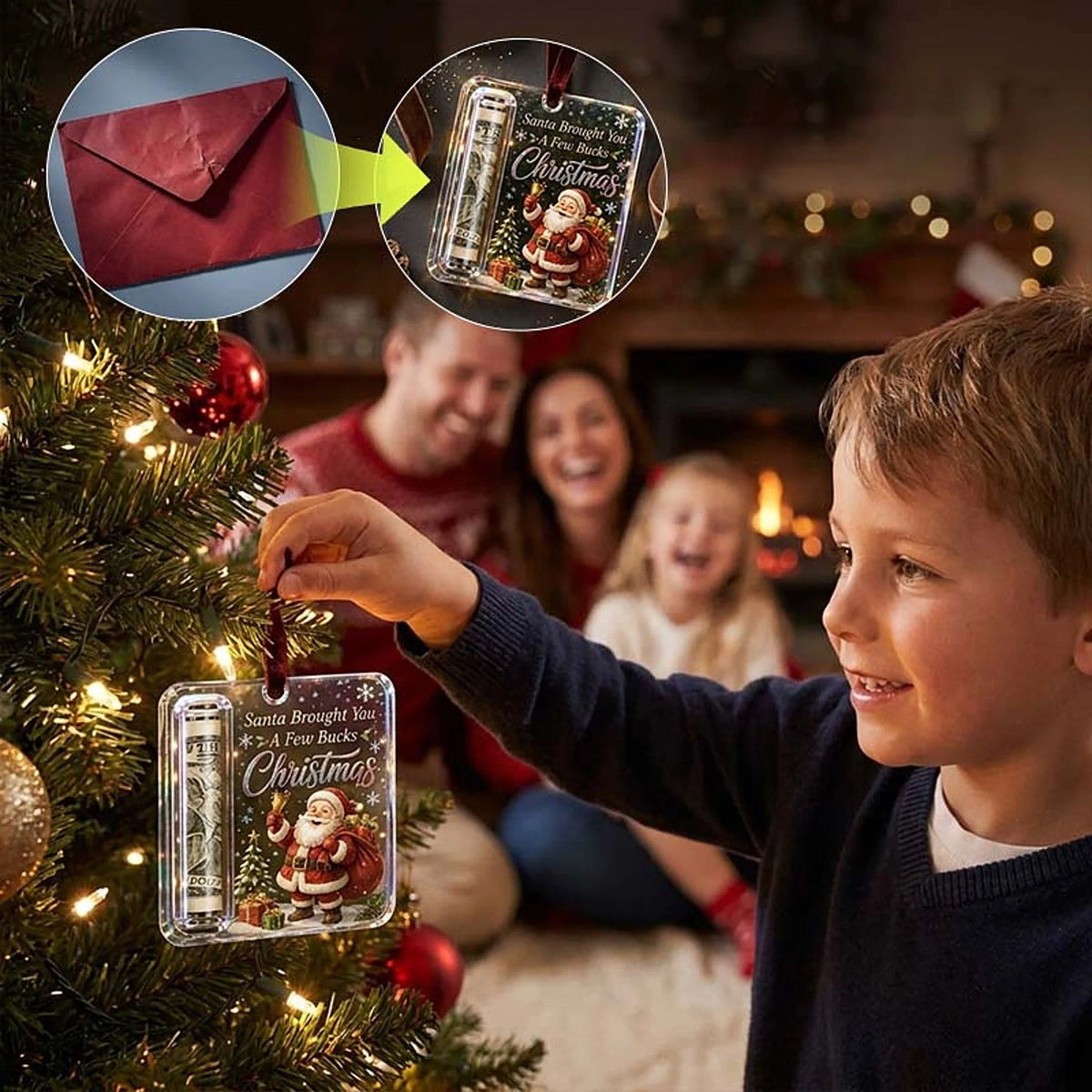 Money Holder Ornament Clear Acrylic With Hanging Ribbon