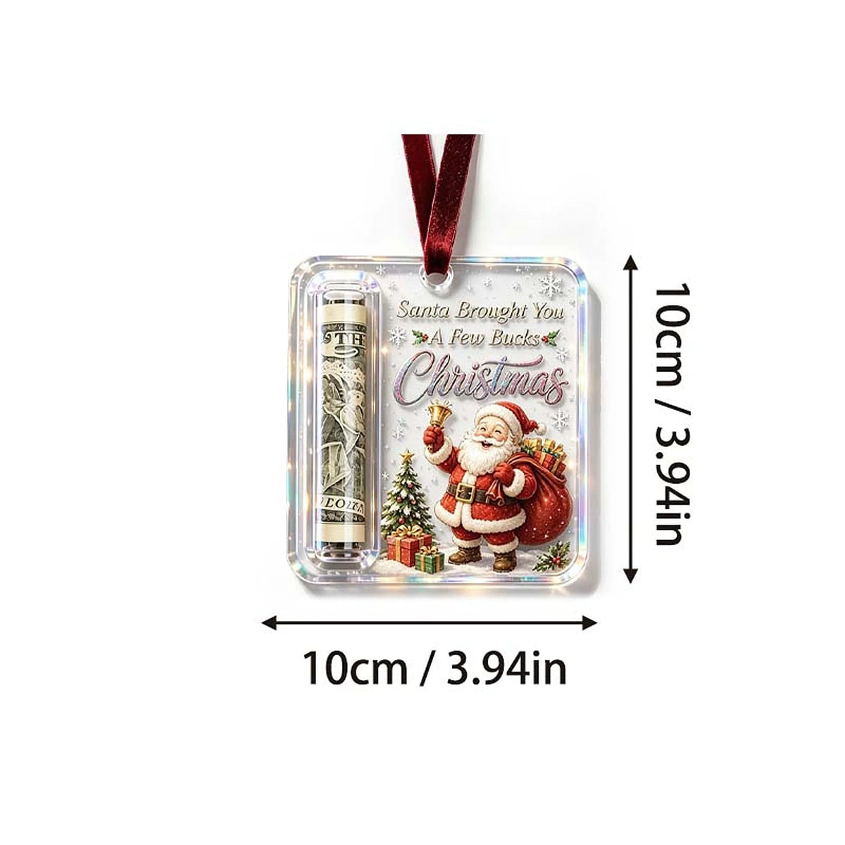 Money Holder Ornament Clear Acrylic With Hanging Ribbon