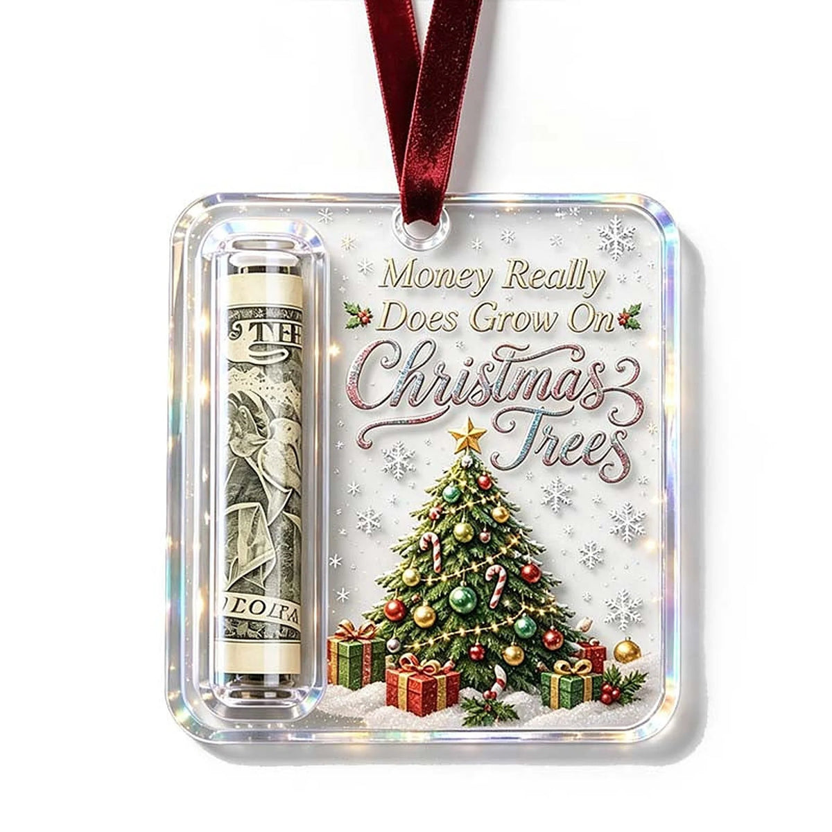 Money Holder Ornament Clear Acrylic With Hanging Ribbon