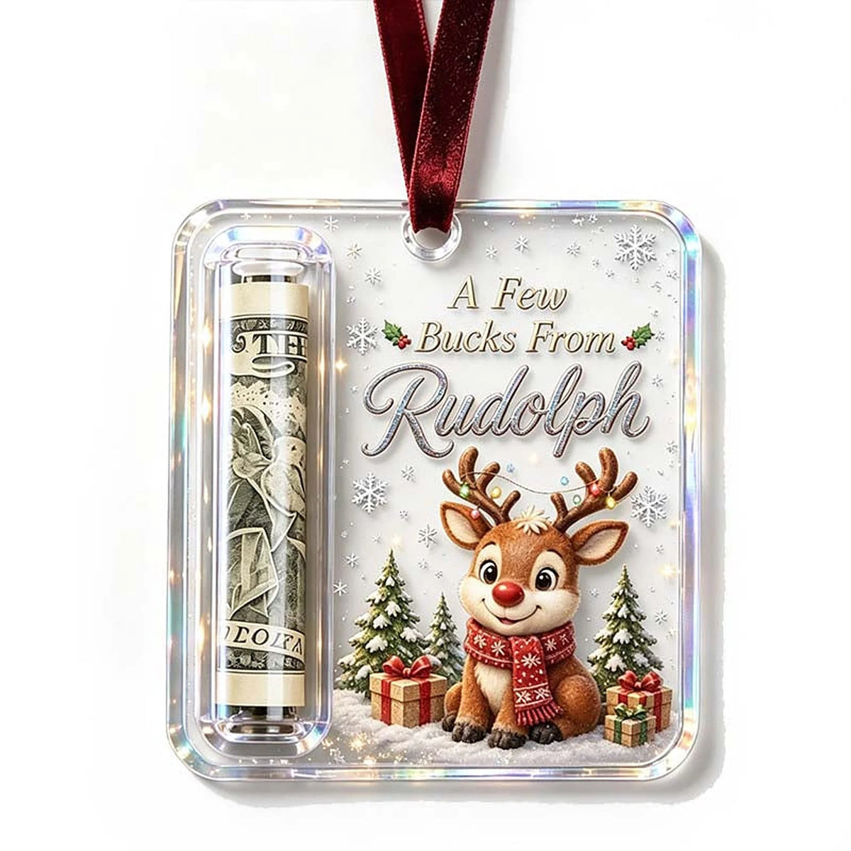 Money Holder Ornament Clear Acrylic With Hanging Ribbon