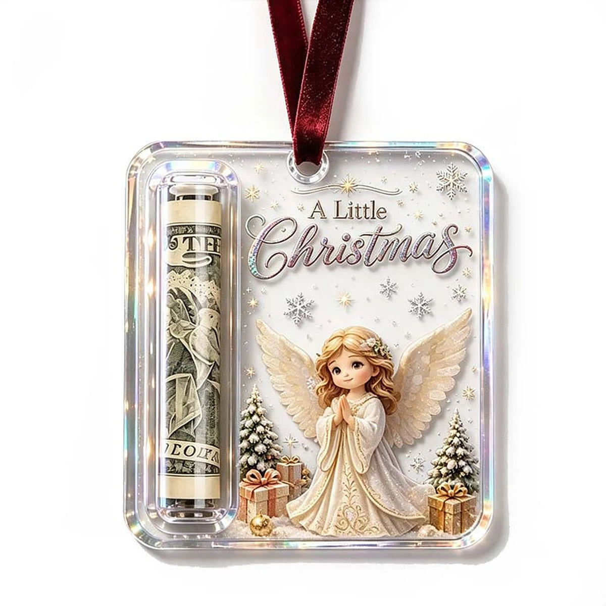 Money Holder Ornament Clear Acrylic With Hanging Ribbon