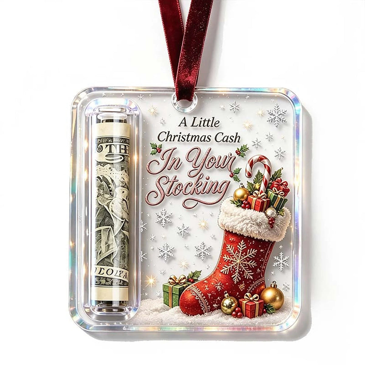 Money Holder Ornament Clear Acrylic With Hanging Ribbon