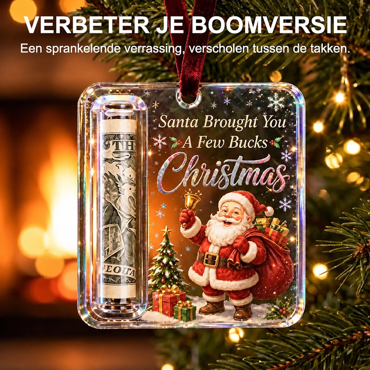 Money Holder Ornament Clear Acrylic With Hanging Ribbon
