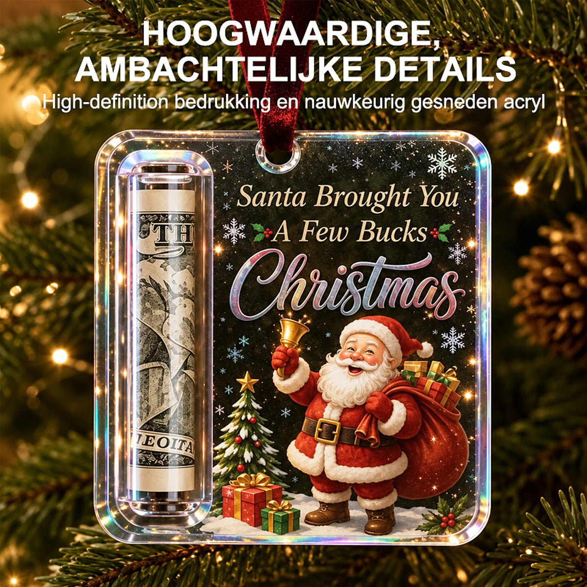 Money Holder Ornament Clear Acrylic With Hanging Ribbon