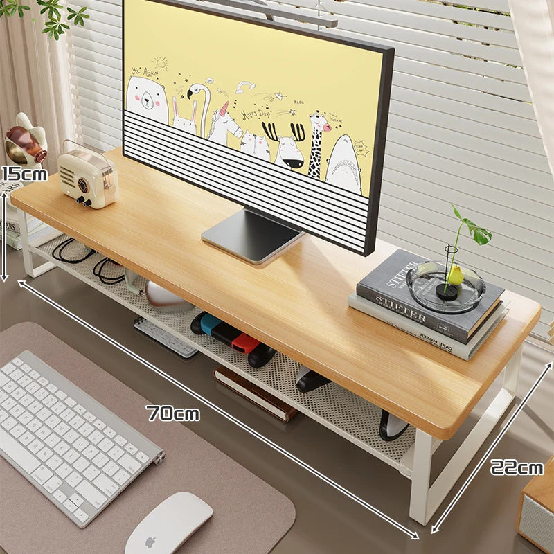Monitor Stand Wood Top Ventilated Mesh Storage Shelf