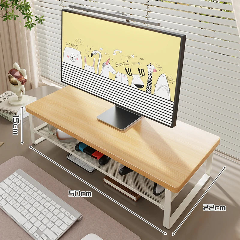 Monitor Stand Wood Top Ventilated Mesh Storage Shelf