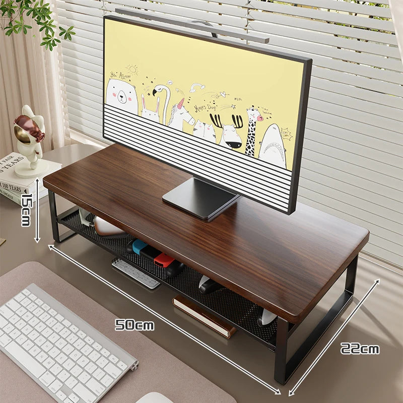 Monitor Stand Wood Top Ventilated Mesh Storage Shelf