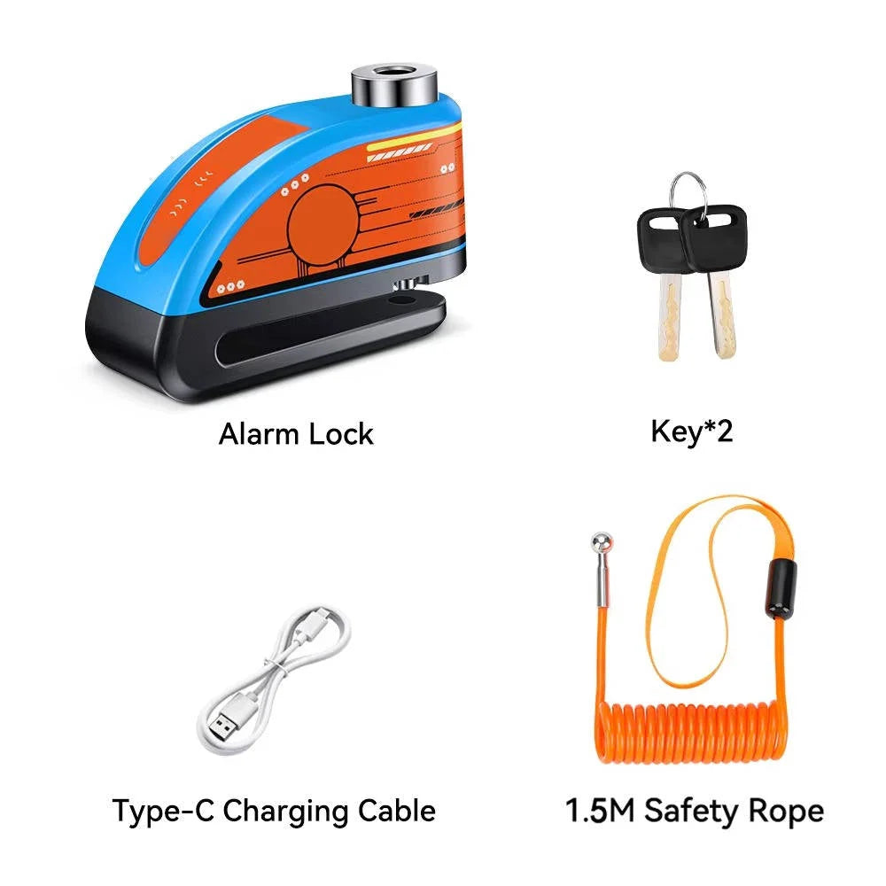 Motorcycle Disc Lock 120 Decibel Alarm Rechargeable IP67 Water Resistant