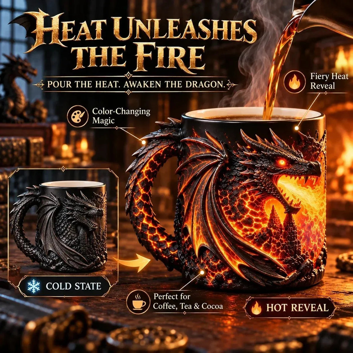 Mug Heat-Reactive Finish Sculpted Dragon Design