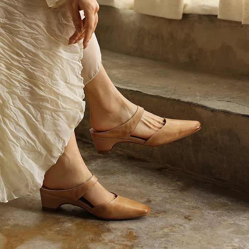 Mules Lambskin Leather Square Toe Wedge Heel