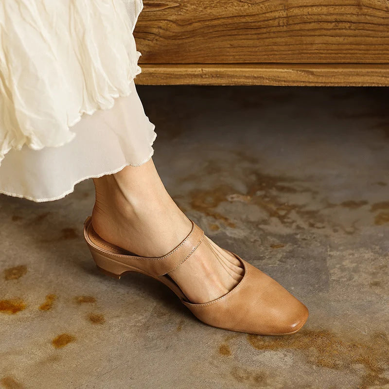 Mules Lambskin Leather Square Toe Wedge Heel