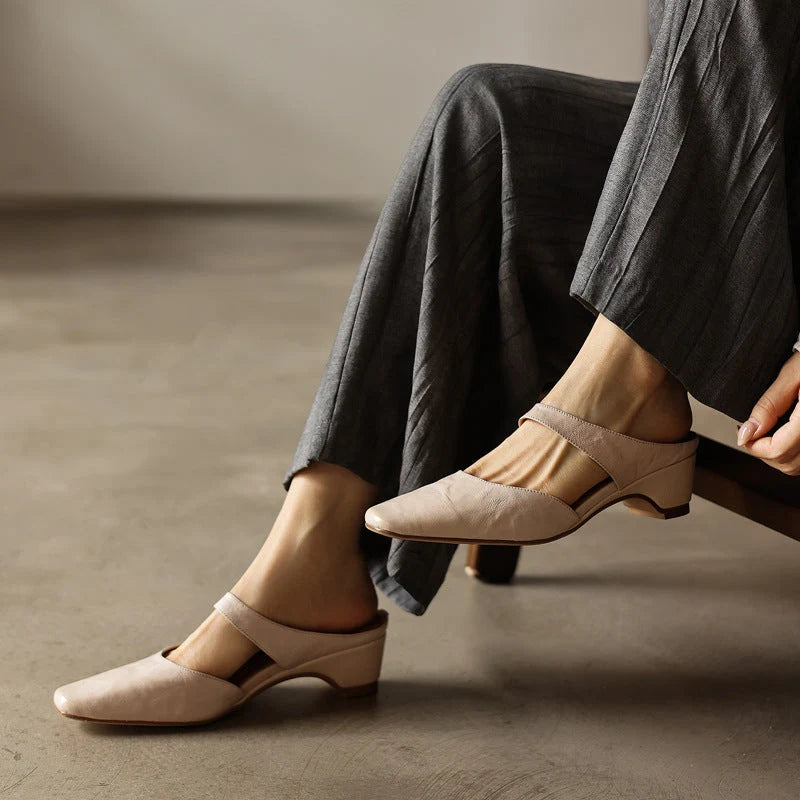 Mules Lambskin Leather Square Toe Wedge Heel