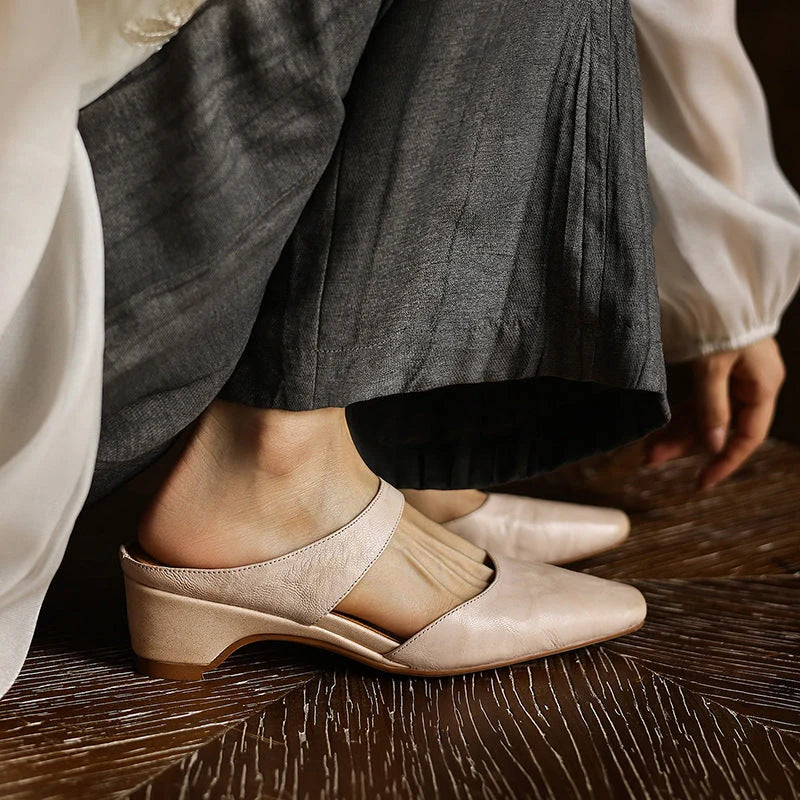 Mules Lambskin Leather Square Toe Wedge Heel