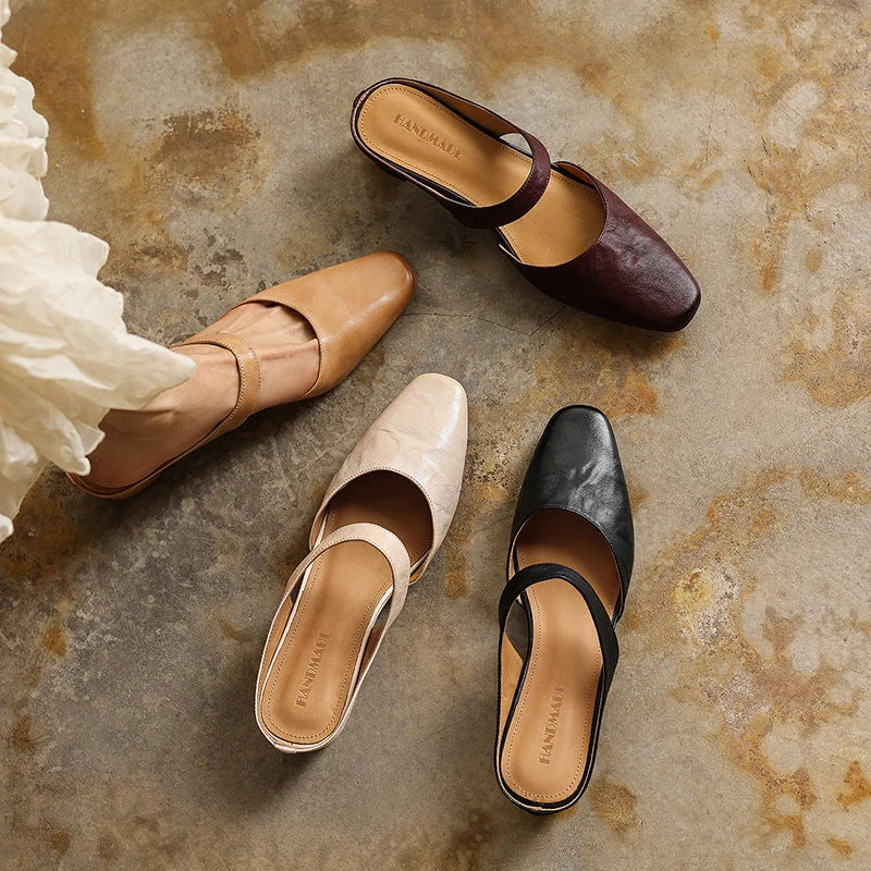 Mules Lambskin Leather Square Toe Wedge Heel