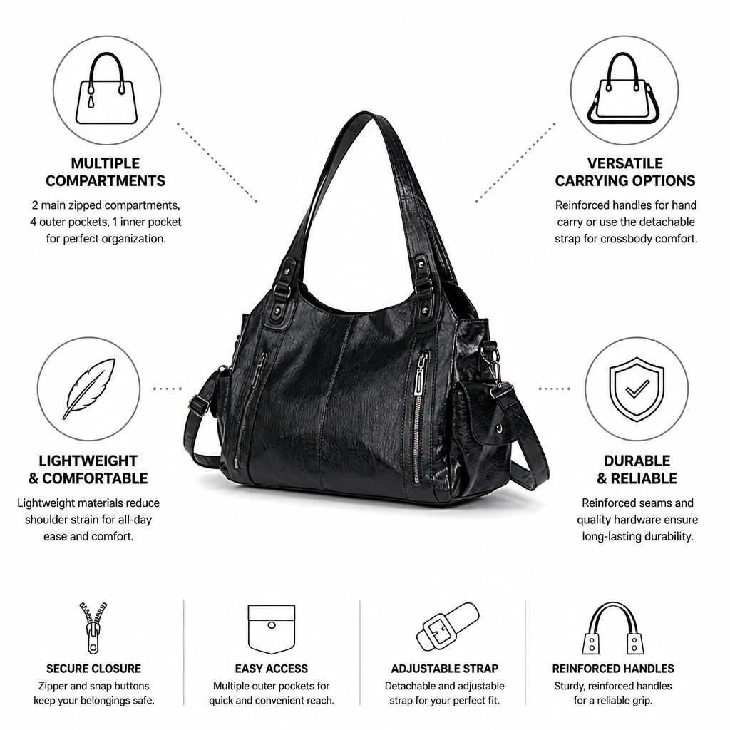 Multi-Compartment Detachable Shoulder Strap Handbag