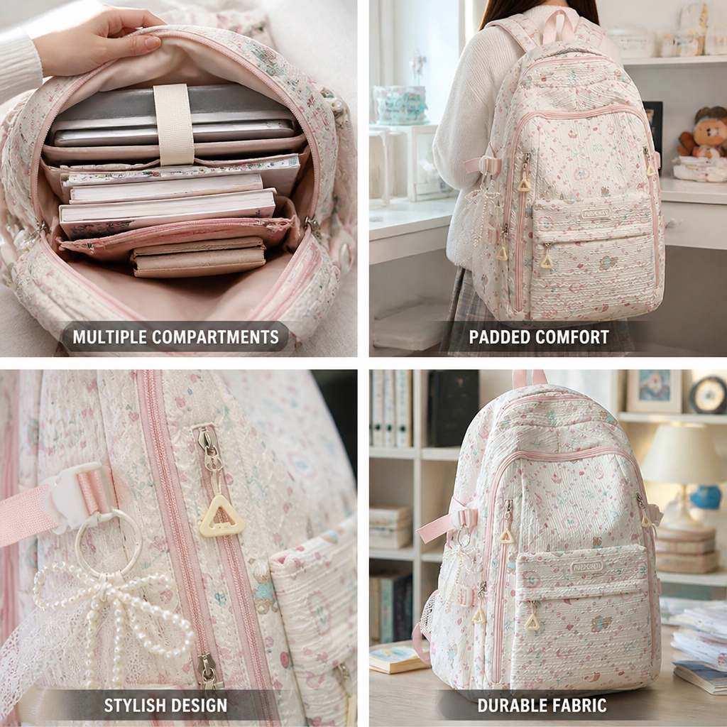 Multi-Compartment Floral Print School Backpack (Padded Straps)