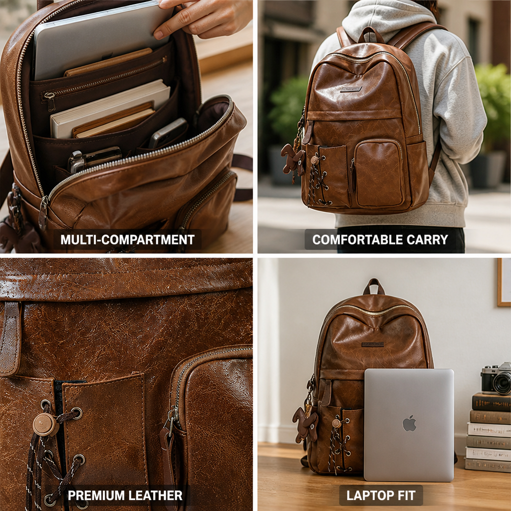 Multi-Compartment Leather School Backpack