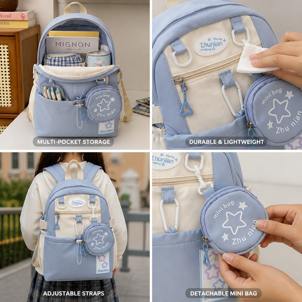 Multi-Pocket Lightweight Kids Backpack (Mini Bag & Adjustable Straps)