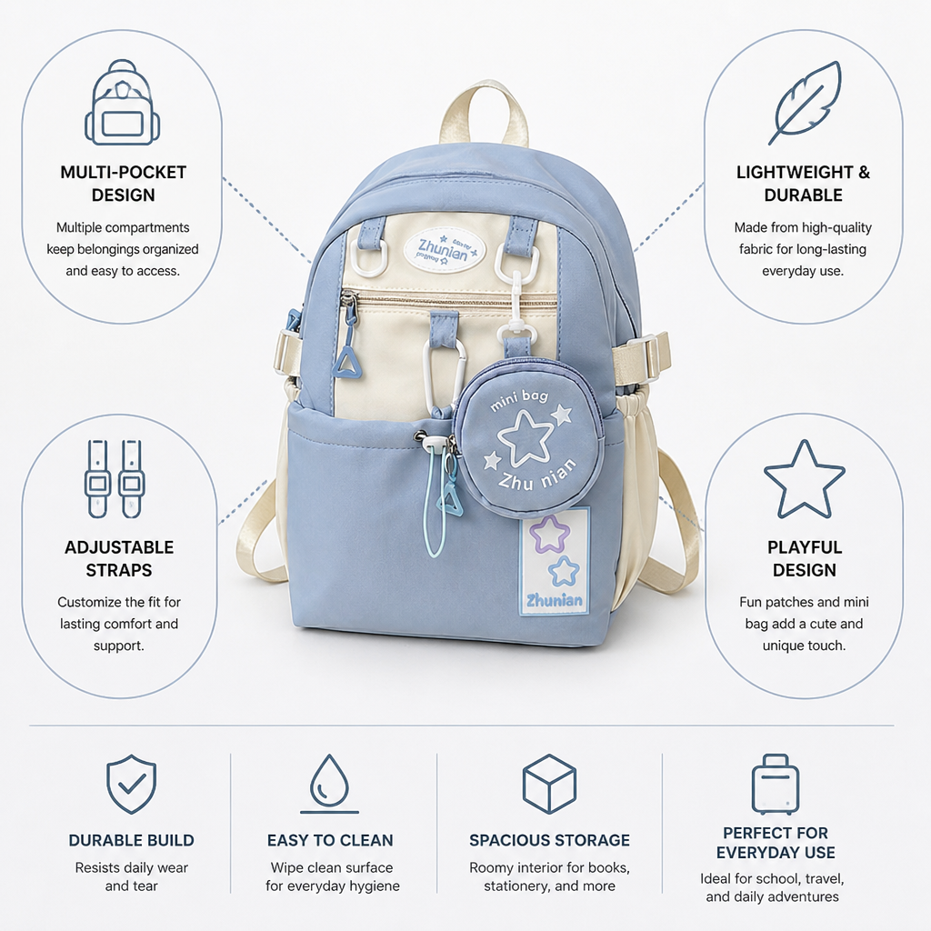Multi-Pocket Lightweight Kids Backpack (Mini Bag & Adjustable Straps)