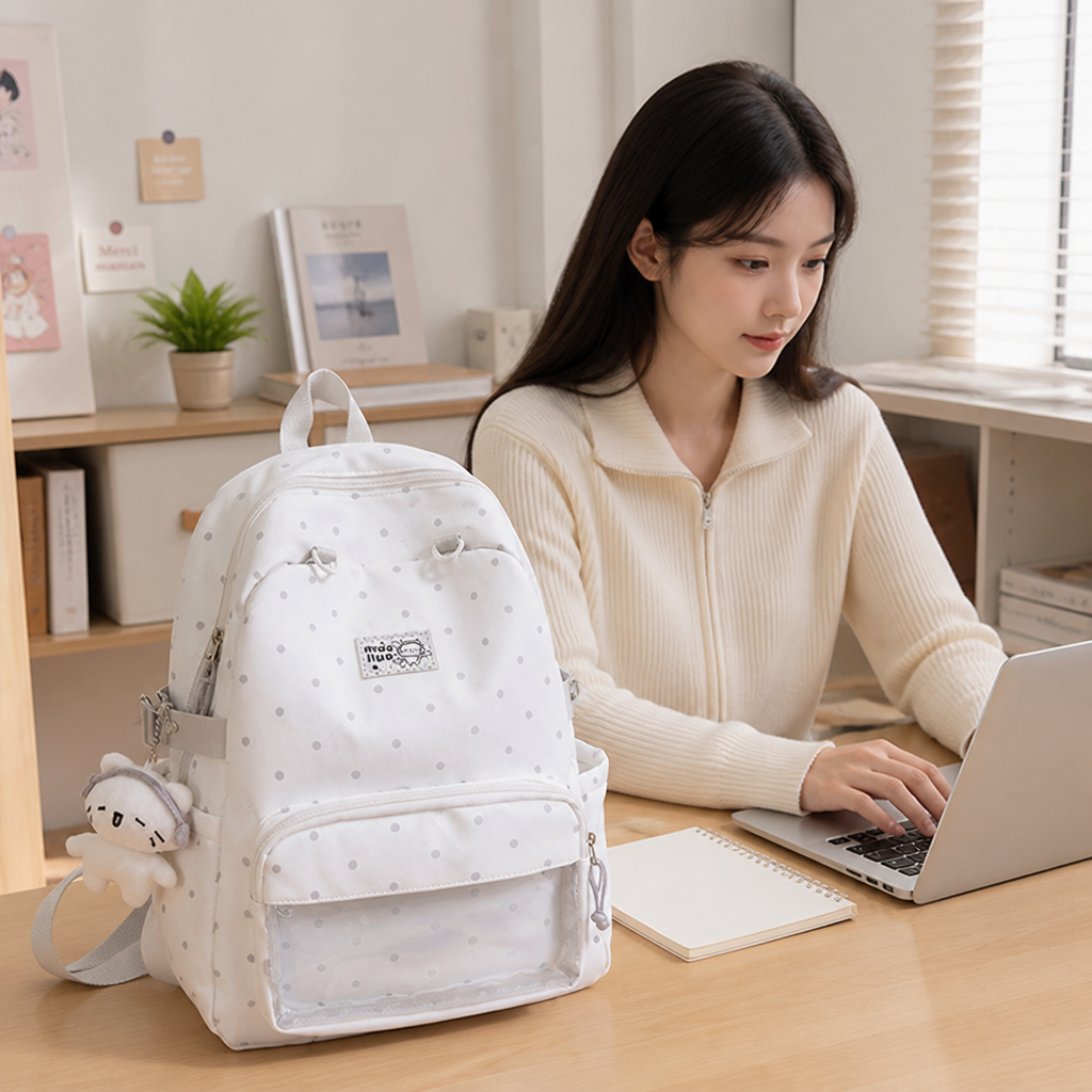 Multi-Pocket Polka Dot School Backpack