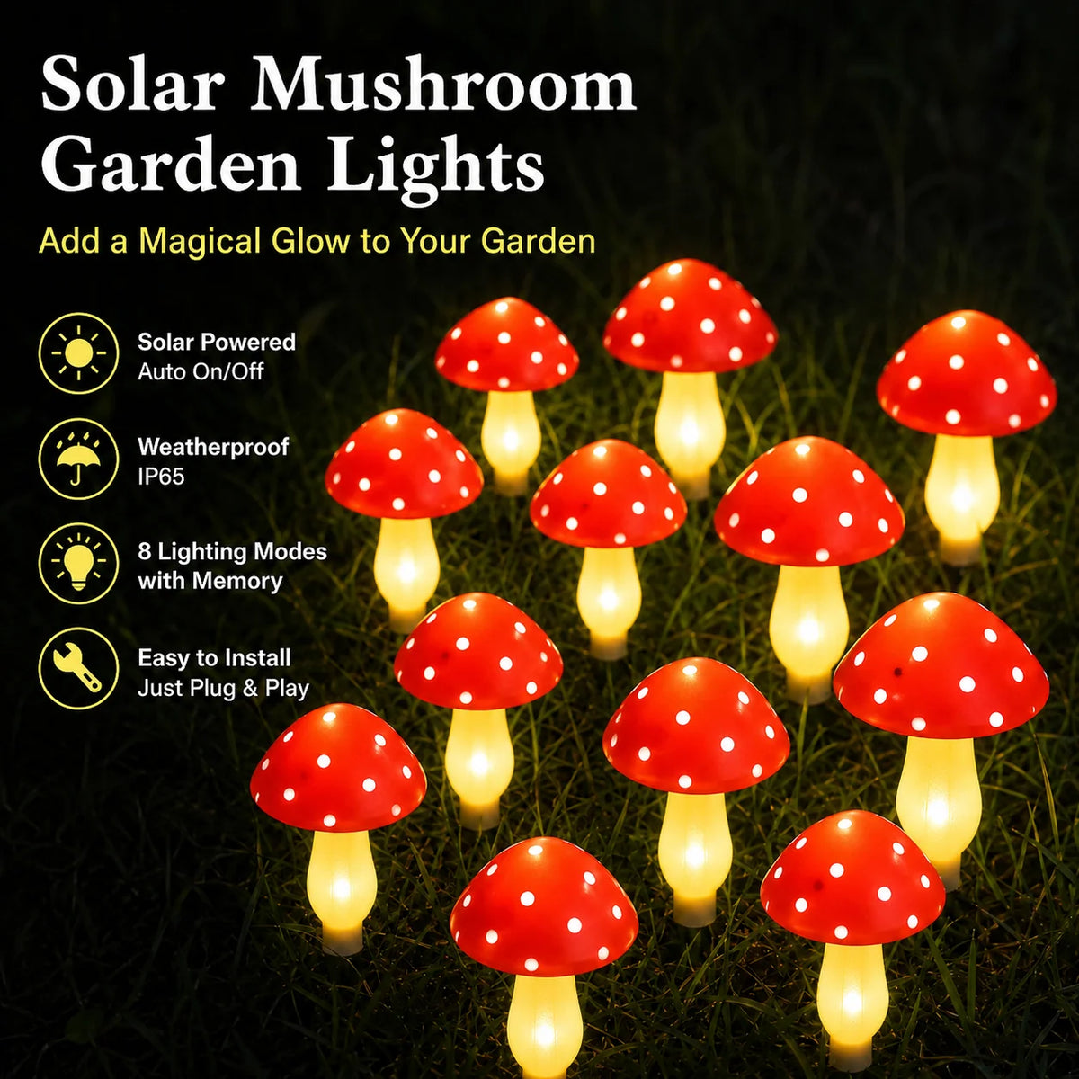 Mushroom String Lights Solar-Powered 8 Modes IP65 Waterproof