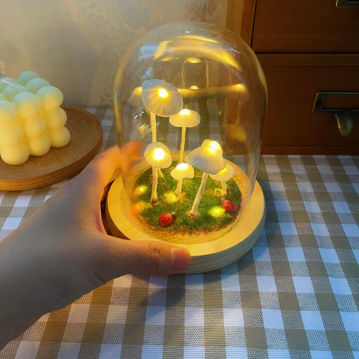 Mushroom Table Lamp Glass Dome Cordless Warm White Light