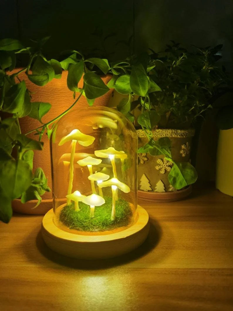 Mushroom Table Lamp Glass Dome Cordless Warm White Light