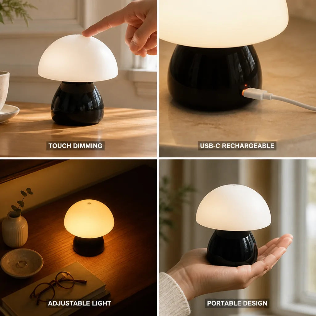 Mushroom Table Lamp Touch Dimming USB-C Rechargeable