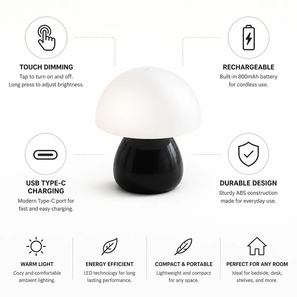 Mushroom Table Lamp Touch Dimming USB-C Rechargeable
