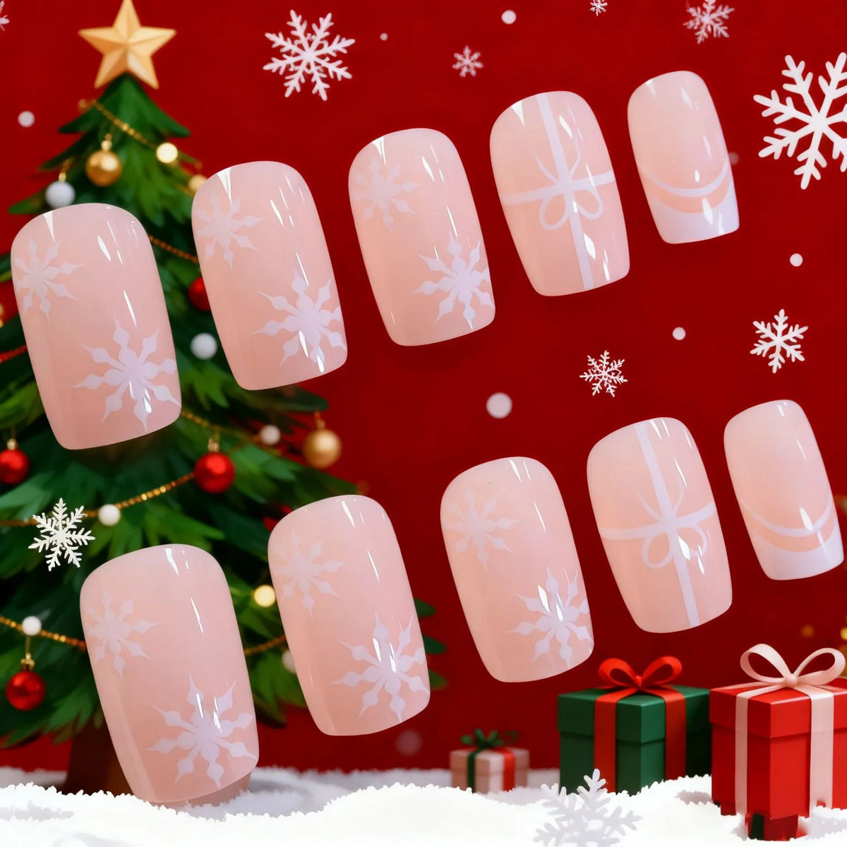 Nail Enhancements Acrylic Easy Apply Holiday Snowflake & Ribbon