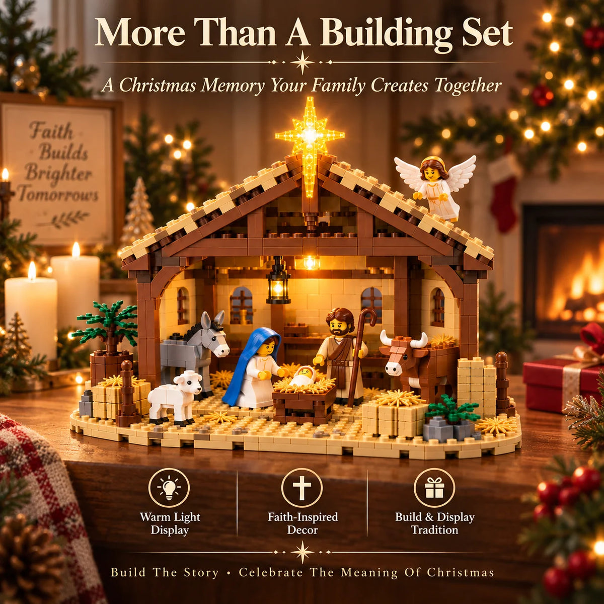 Nativity Building Block Set Light-Up Stable & Bethlehem Star