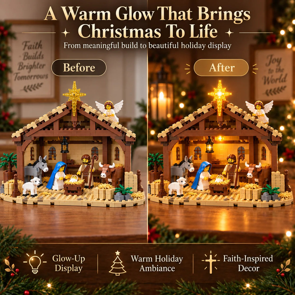 Nativity Building Block Set Light-Up Stable & Bethlehem Star