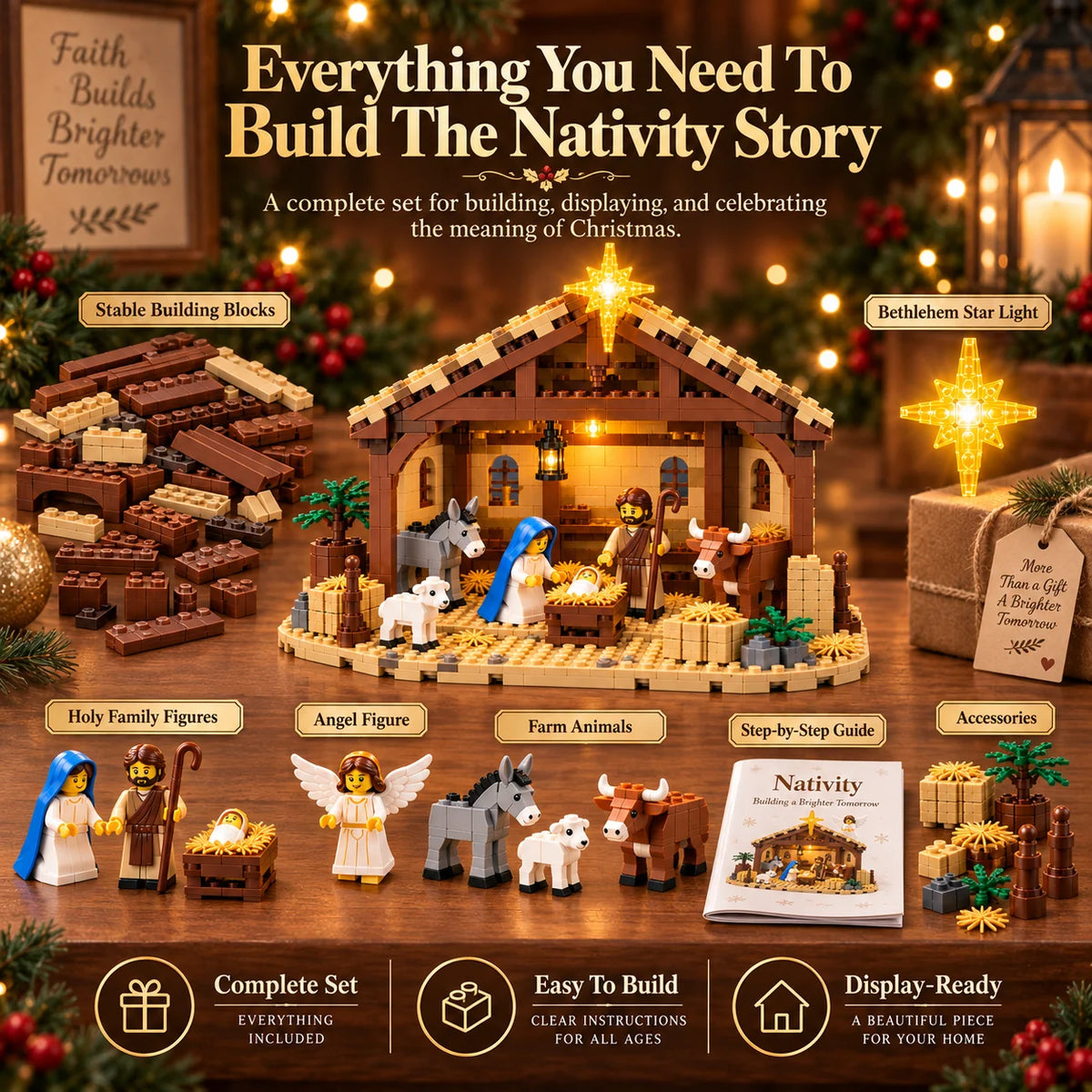 Nativity Building Block Set Light-Up Stable & Bethlehem Star