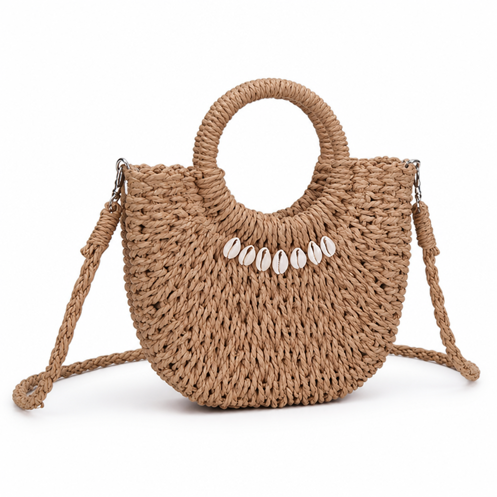 Natural Fiber Shell-Embellished Handbag (Detachable Strap)