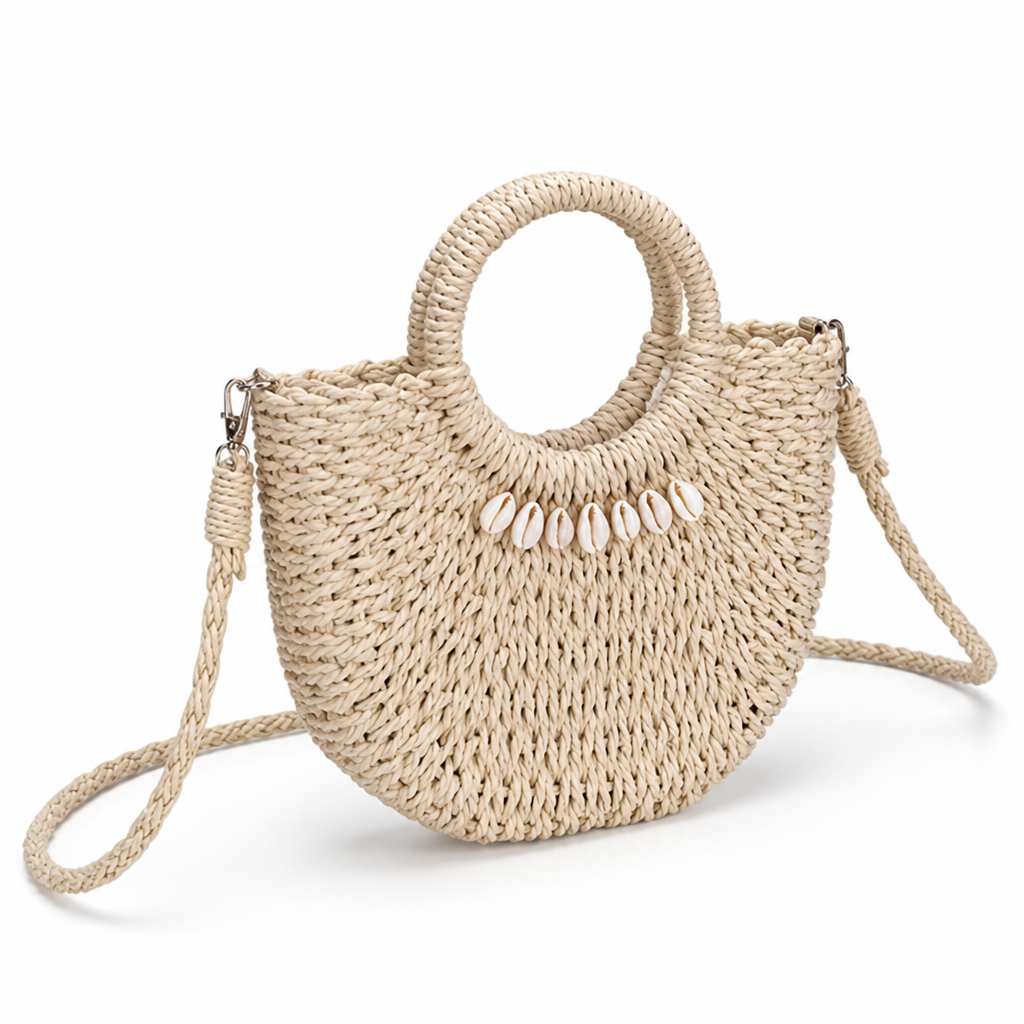 Natural Fiber Shell-Embellished Handbag (Detachable Strap)