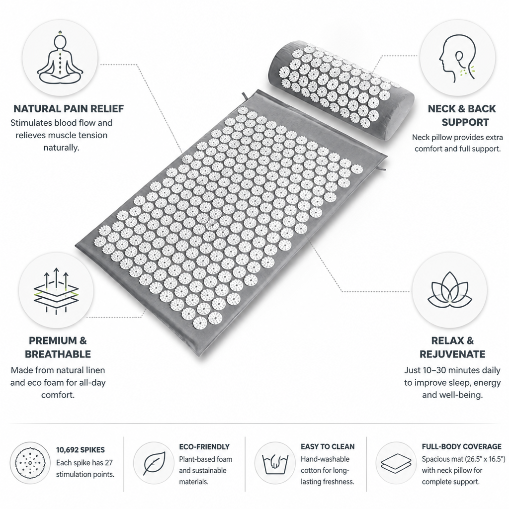 Natural Linen & Eco-Foam Acupressure Mat (Includes Neck Pillow)