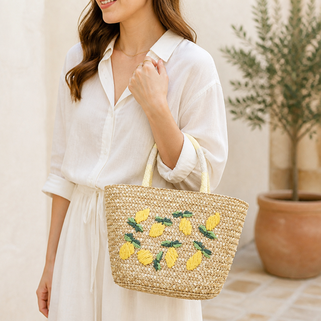 Natural Raffia Hand-Embroidered Lemon Tote Bag