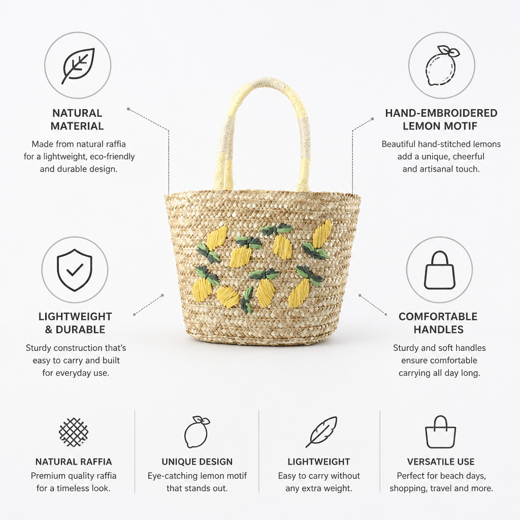 Natural Raffia Hand-Embroidered Lemon Tote Bag