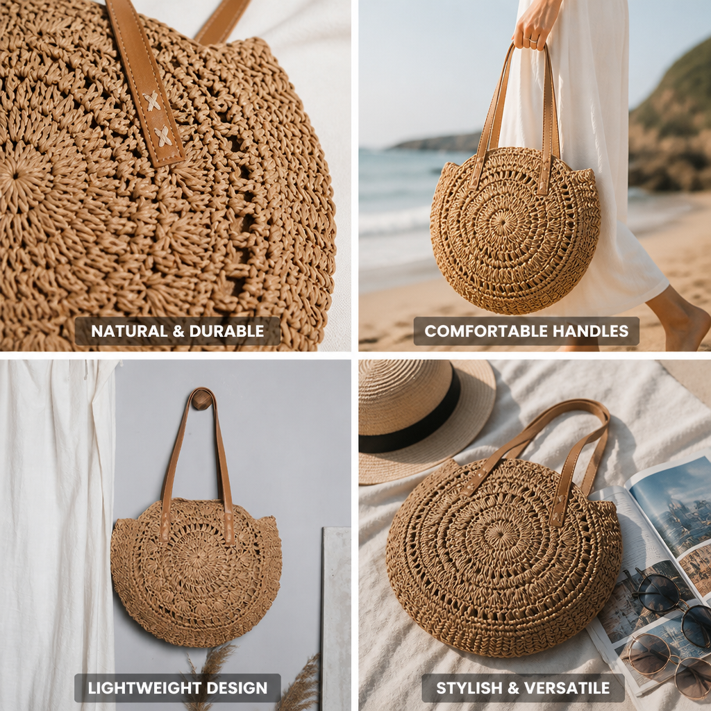 Natural Raffia Leather-Handled Round Basket Bag