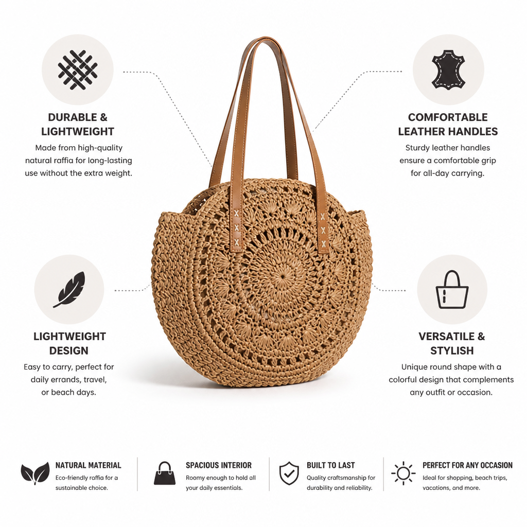 Natural Raffia Leather-Handled Round Basket Bag