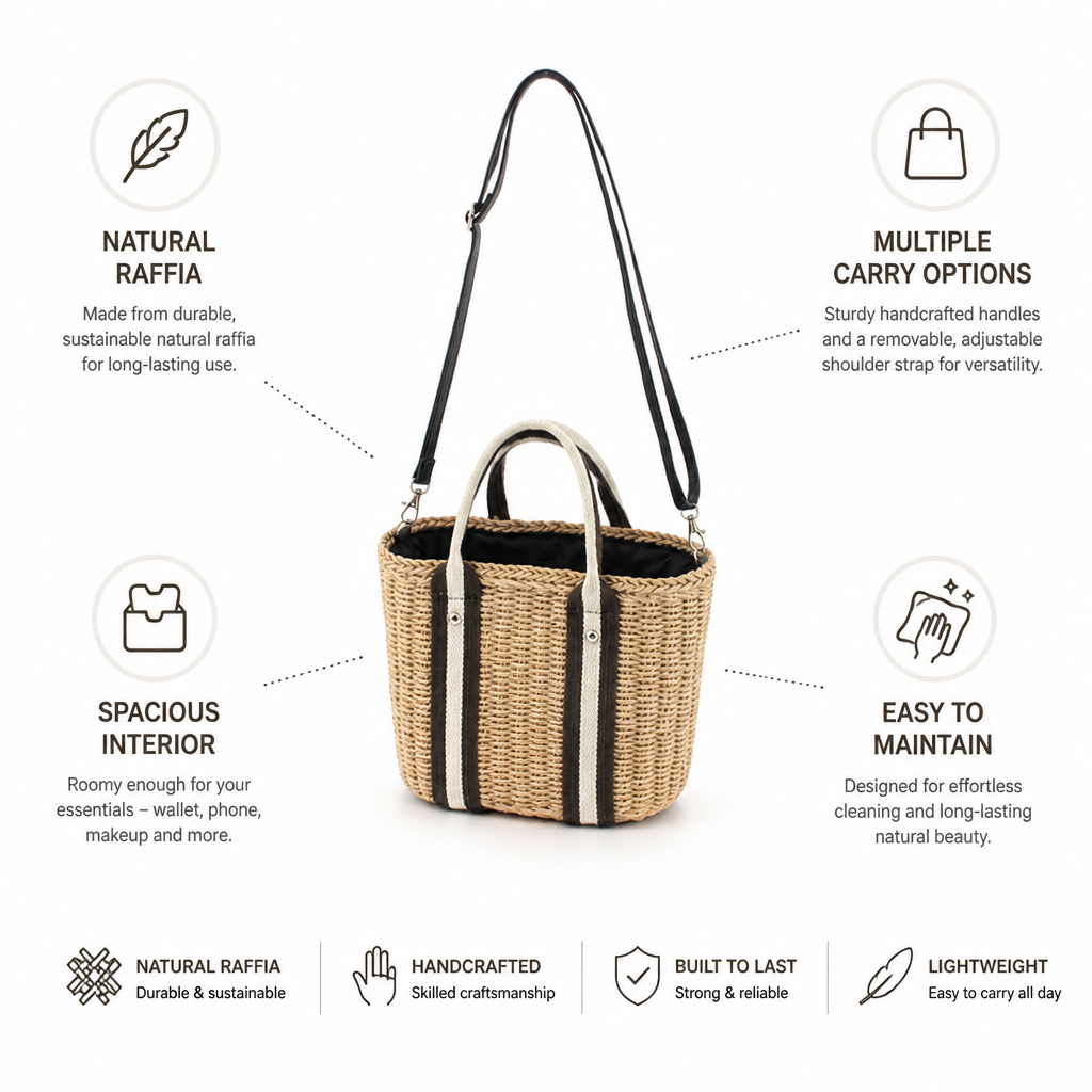 Natural Raffia Tote Bag (Removable Strap)