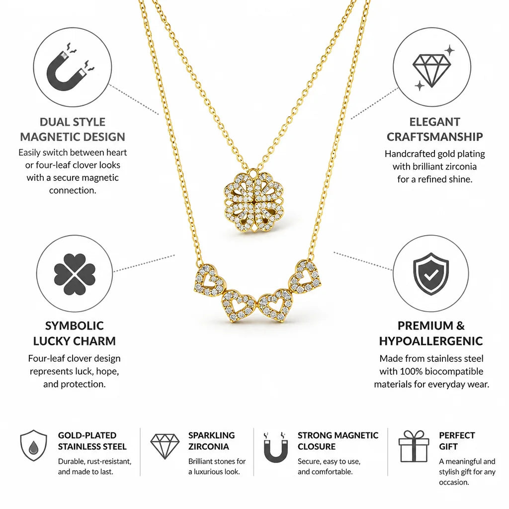 Necklace Magnetic Convertible Clover-Heart Gold-Plated Stainless Steel & Zirconia