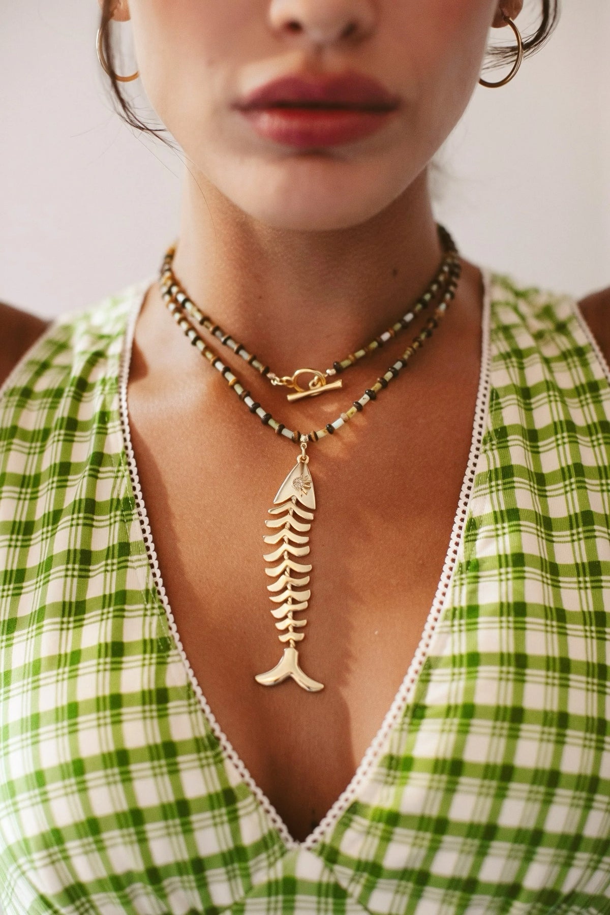 Necklace Opal & Tiger’s Eye Beads Gold-Plated Fish Pendant