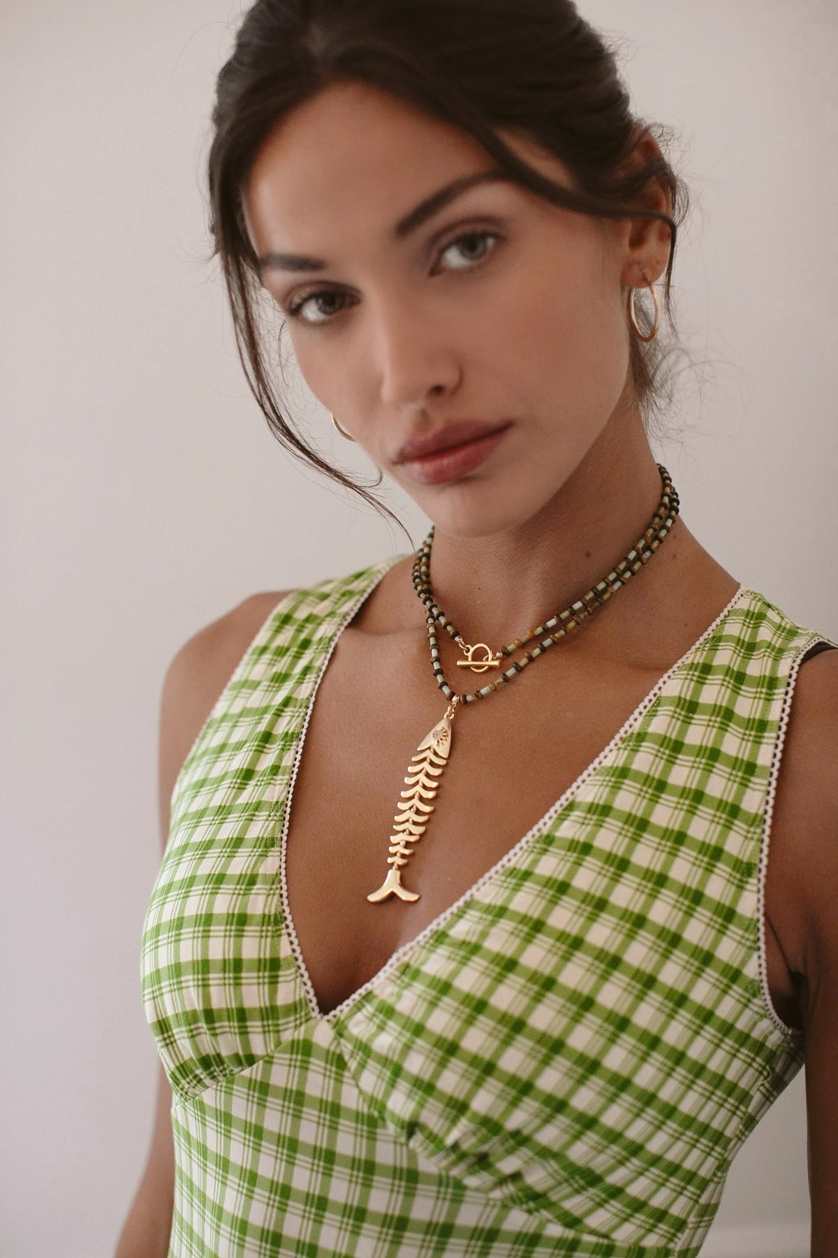 Necklace Opal & Tiger’s Eye Beads Gold-Plated Fish Pendant