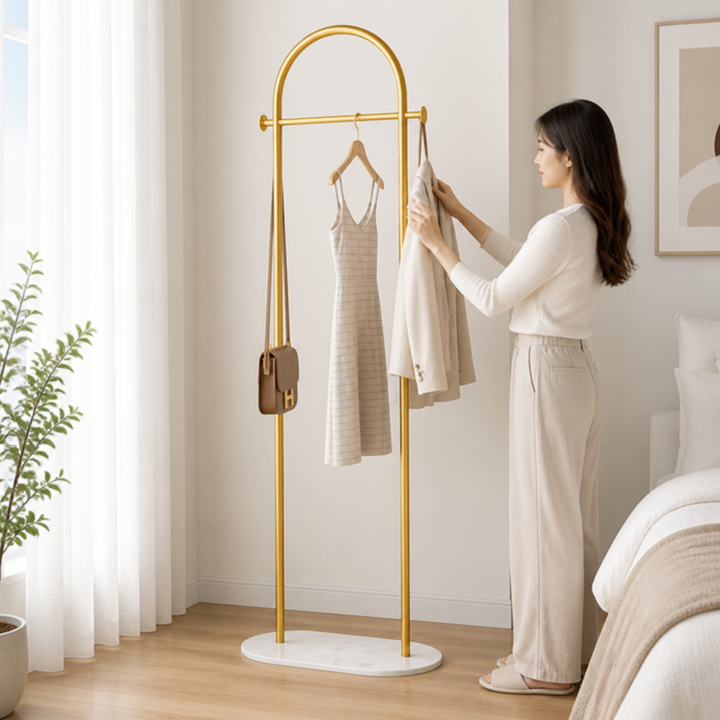 No-Drill Marble-Effect Freestanding Clothes Rack