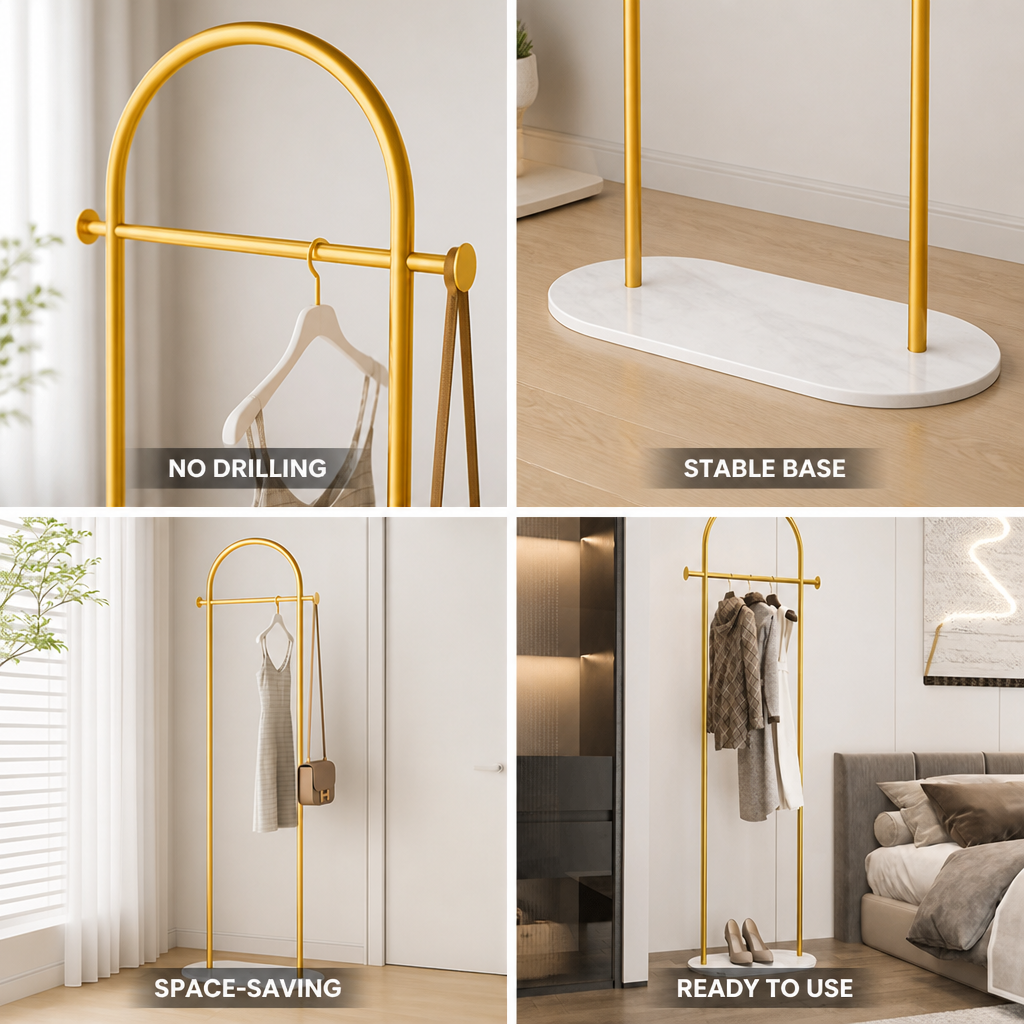 No-Drill Marble-Effect Freestanding Clothes Rack
